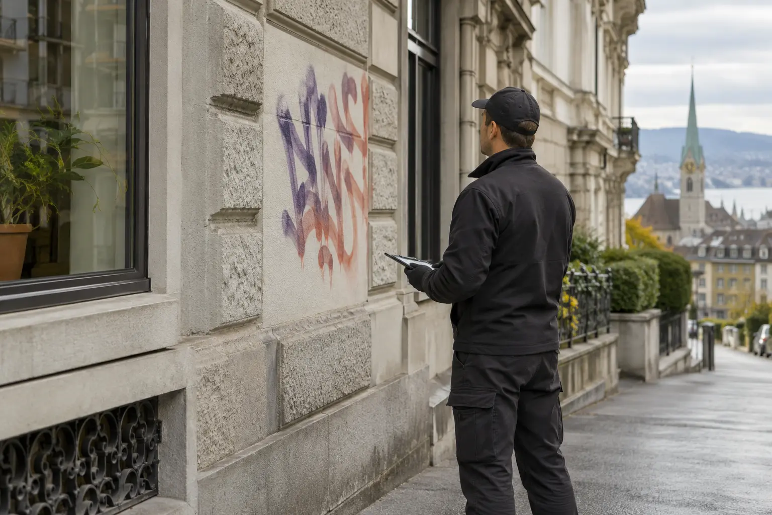 Fachperson begutachtet eine Fassade mit Graffiti